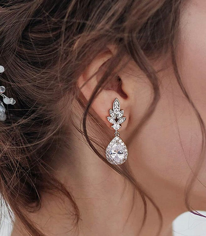 PAIR Silver Teardrop Gauges Dangle Crystal Earrings Vintage Wedding Prom plugs tunnels  8g 6g 4g 2g 0g