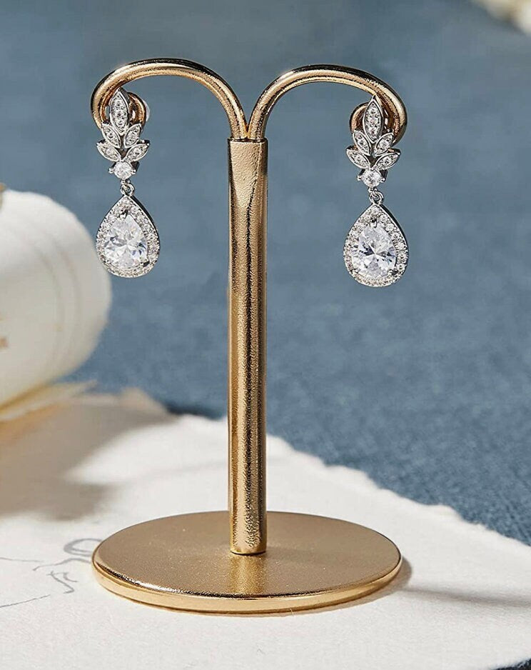 PAIR Silver Teardrop Gauges Dangle Crystal Earrings Vintage Wedding Prom plugs tunnels  8g 6g 4g 2g 0g